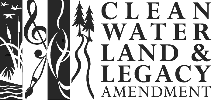 Logo for the Clean Water Land & Legacy Amendment featuring vertical panels with images of birds, a musical treble clef, a fish, and trees, followed by the text "Clean Water Land & Legacy Amendment."